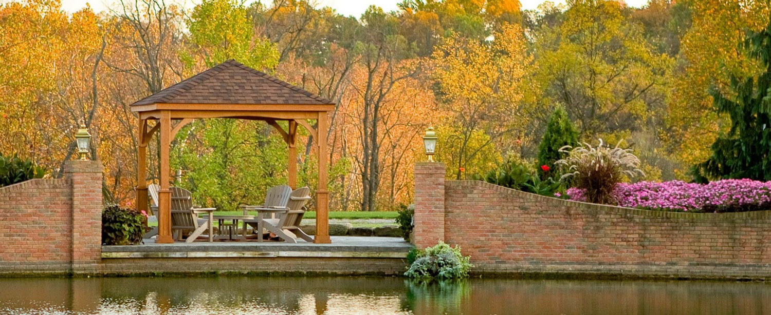 Pavilion behind a pond