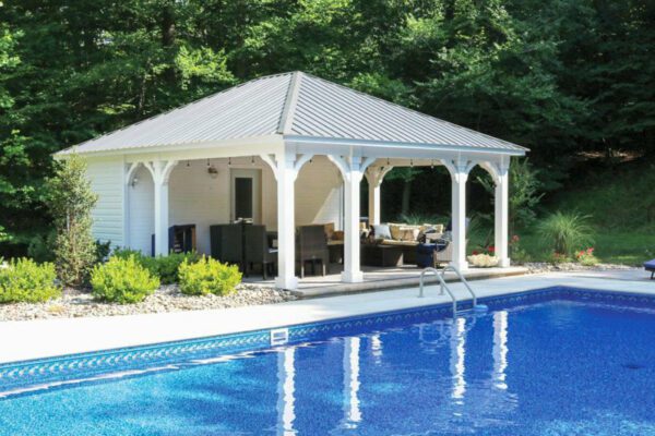 Pavilion storage shed combo by the pool
