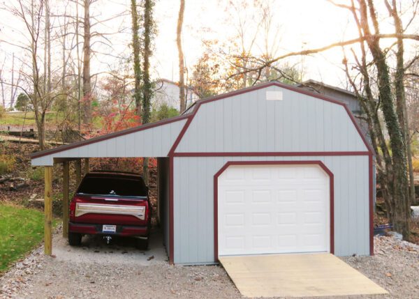 16 x 24 8' Sidewall Barn Zook Gray siding, Red trim, Charcoal metal roof - Shown with 9 x 7 garage door, optional ramp and 9' lean-to