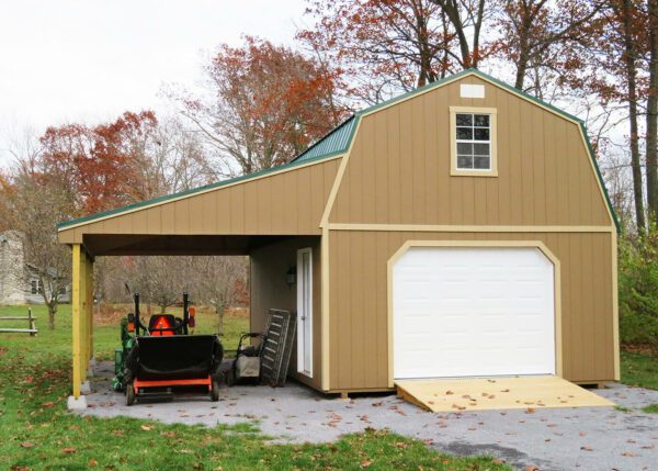 16 x 24 Two-Story Garage Quaker Tan siding, Basswood trim, Forest Green metal roof - Shown with 9 x 7 garage door, optional ramp and 12' lean-to