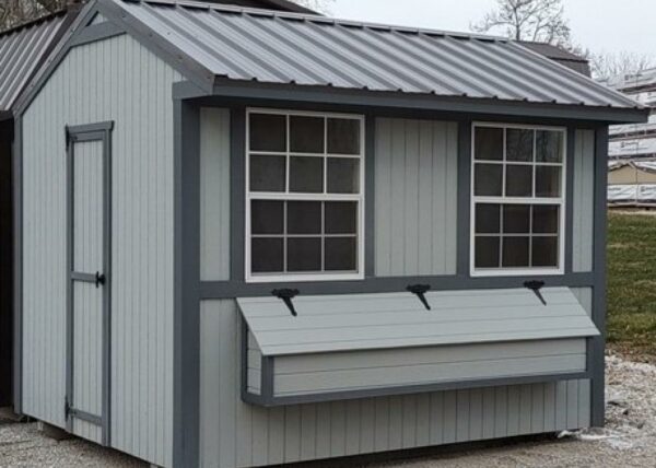 8 x 10 Zook Gray with Dark Gray Trim & Charcoal Metal Roof Chicken Coop