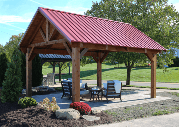 Mesa Cedar Timber Pavilion with a red metal roof,Mesa Cedar Timber Pavilion with a red metal roof,Mesa Cedar Timber Pavilion with stone posts ,Mesa Cedar Timber Pavilion post, brace and beam detail,Mesa Cedar Timber Pavilion tongue and groove sheathing