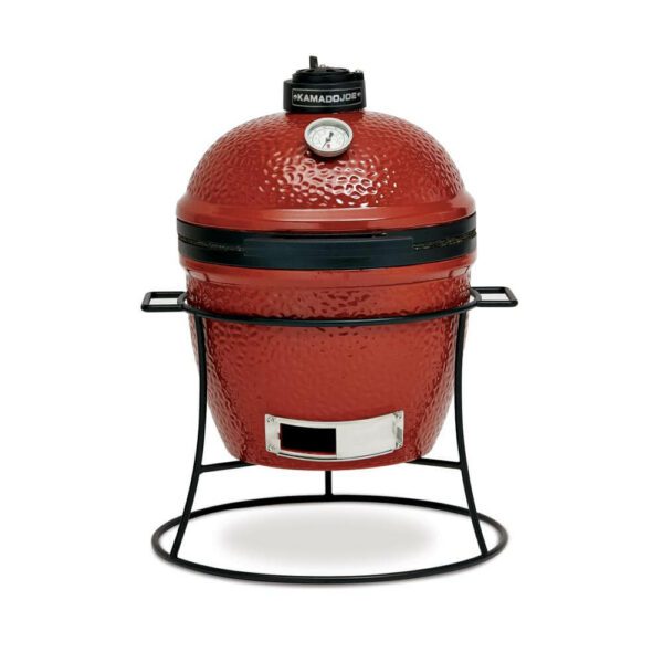 Kamado Joe Grills Joe Jr.® grill With Cast Iron Stand,Inside view of the Joe Jr.® grill,Slo Roller cooking grate,covered girl beside a lounge chair,Ceramic Soapstone,Table that holds a grill