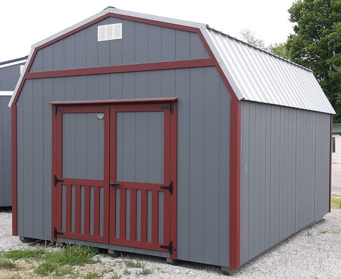 Model 9678 12x16 Dark Grey with Red Trim & Old Town Grey Metal Roof Lofted Barn
