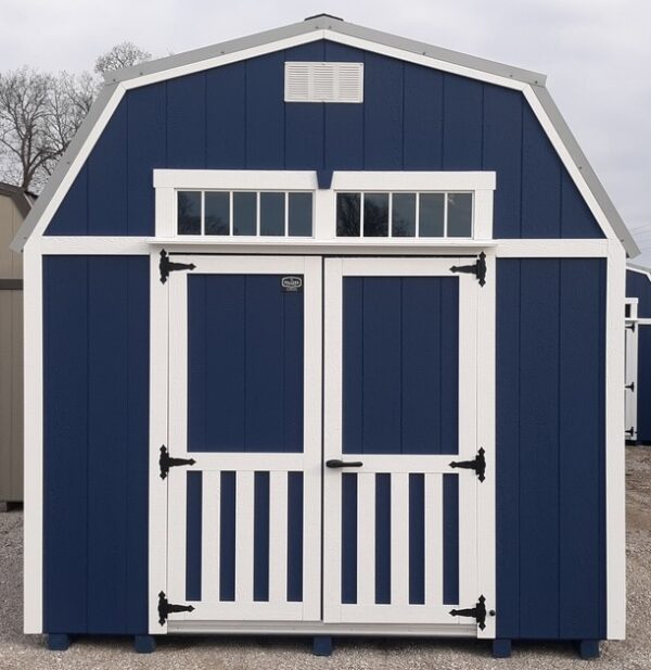 Model 10085 10x12 Navy with White Trim & Old Town Grey Metal Roof Lofted Barn