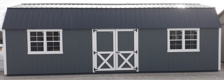 Model 10050 14x32 Dark Gray with White Trim & Black Metal Roof Lofted Garden Shed