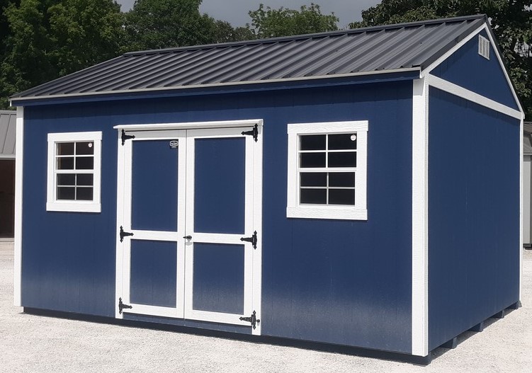 Model 10121 12x16 Navy with White Trim with Black Metal Roof Cottage