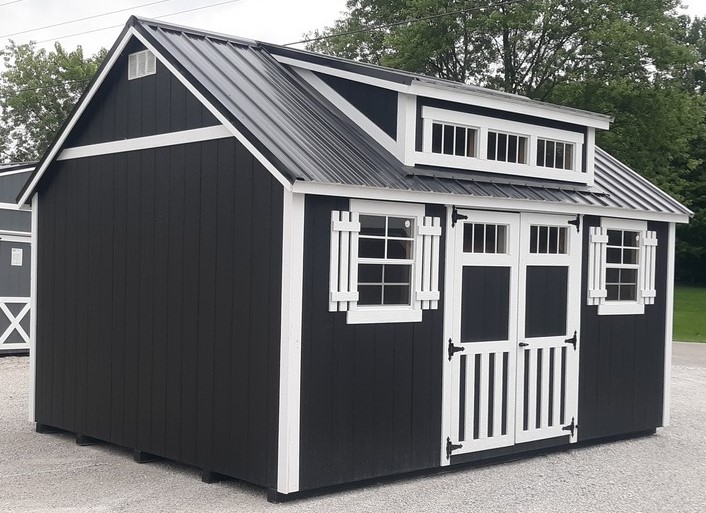 Model 10122 12x16 Black with White Trim & Black Metal Roof Classic Cottage