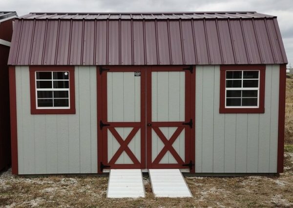 Model 10020 10x16 Light Grey with Red Trim & Burgundy Metal Roof Lofted Garden Shed