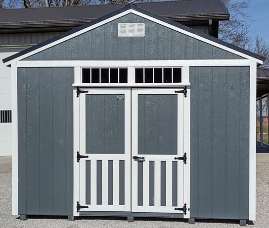 Model 10107 12 x 16 Dark Grey with White Trim & Black Metal Roof A-Frame Shed