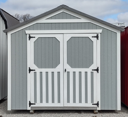 Zook Gray with White Trim & Charcoal Metal Roof  10 x 12 Gable Shed
