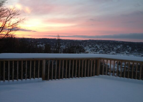 Sunrise image from a snow covered deck