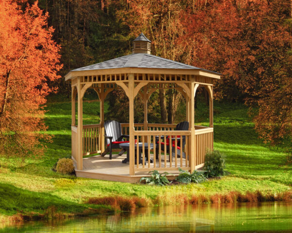 12' Monticello Treated Wood Gazebo with UV Clearwater Sealer & Classic Roof & American Rail