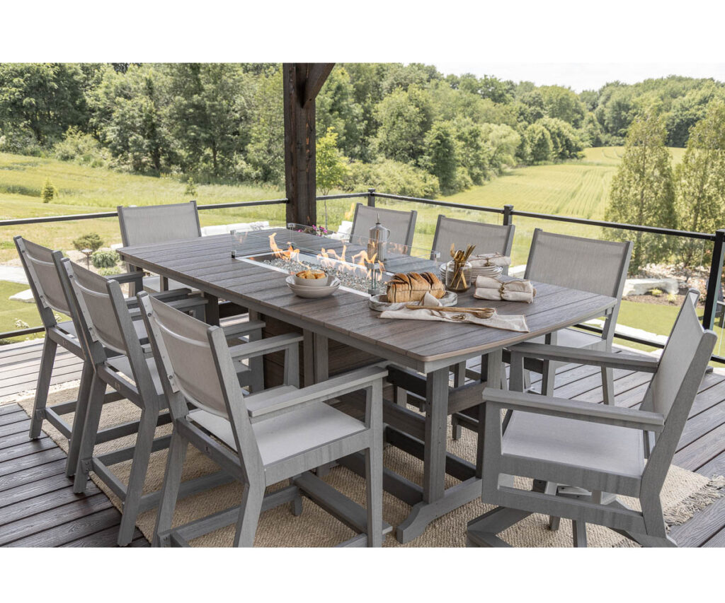 Gray outdoor dining set with bar chairs