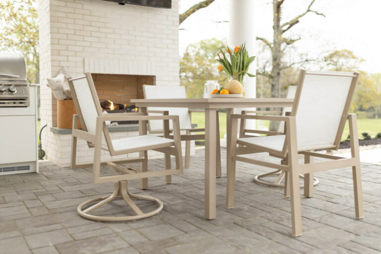 Vida 44" Square Aluminum Dining Table in Sahara Speckle. Vida Sling Dining Chairs and Vida Sling Swivel Rocker Dining Chairs in Sahara Speckle, sling in Kozo Abalone