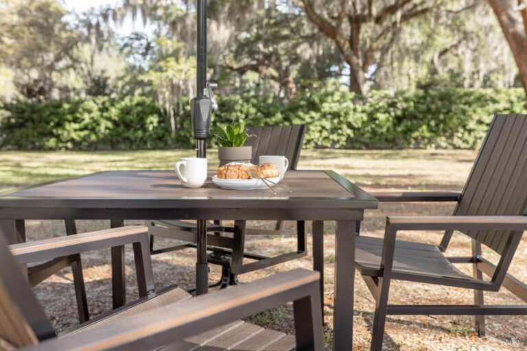 Vida 44" Square Poly Dining Table and Vida Dining Poly Chairs and Dining Swivel Rockers in Brazilian Walnut on Black