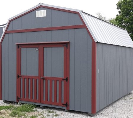 Model 9678 12x16 Dark Grey with Red Trim & Old Town Grey Metal Roof Lofted Barn