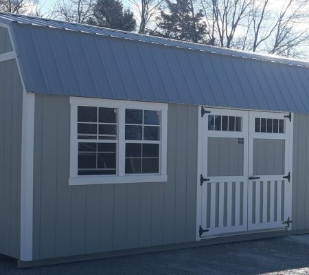 Model 10090 12x24 Zook Grey with White Trim & Old Town Grey Metal Roof Lofted Garden Shed
