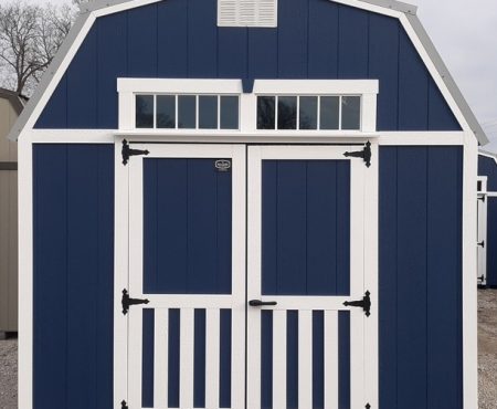 Model 10085 10x12 Navy with White Trim & Old Town Grey Metal Roof Lofted Barn