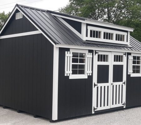 Model 10122 12x16 Black with White Trim & Black Metal Roof Classic Cottage