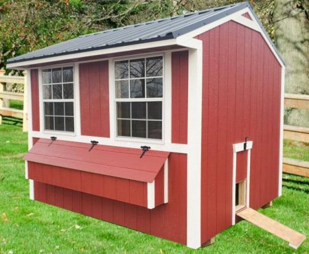 Red Chicken Coop with white trim