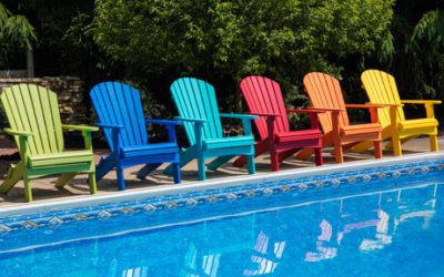 Light Blue, Dark blue, Yellow, Green Red and Orange COMFO BACK STATIONARY ADIRONDACK CHAIRS beside a pool