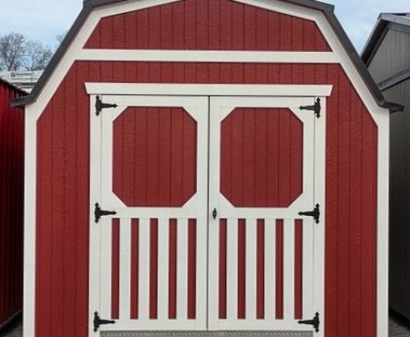 RMB0033 10 x 16 Mountain Red with White Trim & Shiny Black Roof Gambrel Lofted Barn