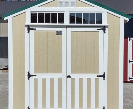 Model 10105 8 x 10 Black Bear Beige with White Trim & Forest Green Metal Roof A-Frame Shed