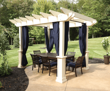 Wooden Pergola White Mendoze pergola with curains,Mendoza Pergola with grandfather posts, custom privacy wall and dia-shade curtains,Mocha colored Mendoze Pergola,Mendoza Pergola by Miller's Mini Barns,Mendoza Pergola by Miller's Mini Barns