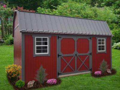 Painted Lofted Garden shed with red paint and dark grey trim