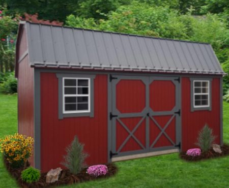 Painted Lofted Garden shed with red paint and dark grey trim