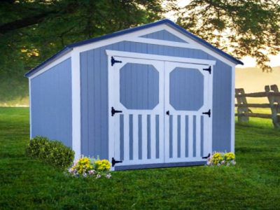 Gable shed with double doors - blue with white trim