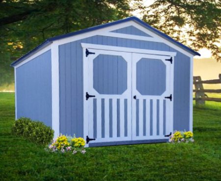 Gable shed with double doors - blue with white trim