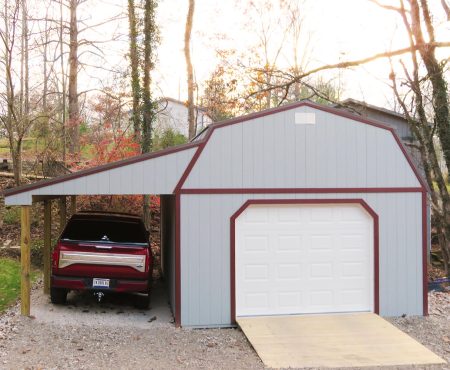 16 x 24 8' Sidewall Barn Zook Gray siding, Red trim, Charcoal metal roof - Shown with 9 x 7 garage door, optional ramp and 9' lean-to