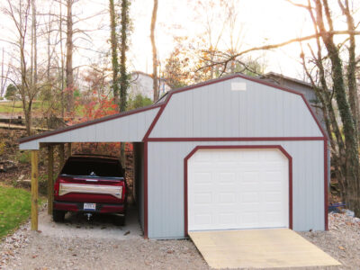 16 x 24 8' Sidewall Barn Zook Gray siding, Red trim, Charcoal metal roof - Shown with 9 x 7 garage door, optional ramp and 9' lean-to