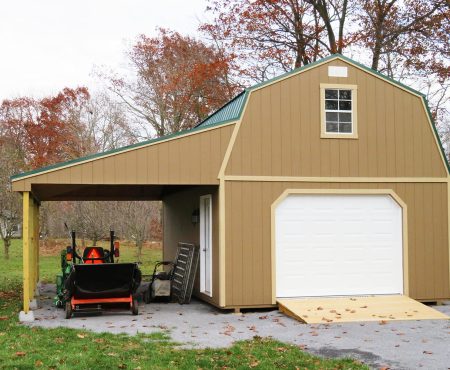 16 x 24 Two-Story Garage Quaker Tan siding, Basswood trim, Forest Green metal roof - Shown with 9 x 7 garage door, optional ramp and 12' lean-to