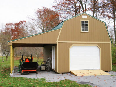 16 x 24 Two-Story Garage Quaker Tan siding, Basswood trim, Forest Green metal roof - Shown with 9 x 7 garage door, optional ramp and 12' lean-to